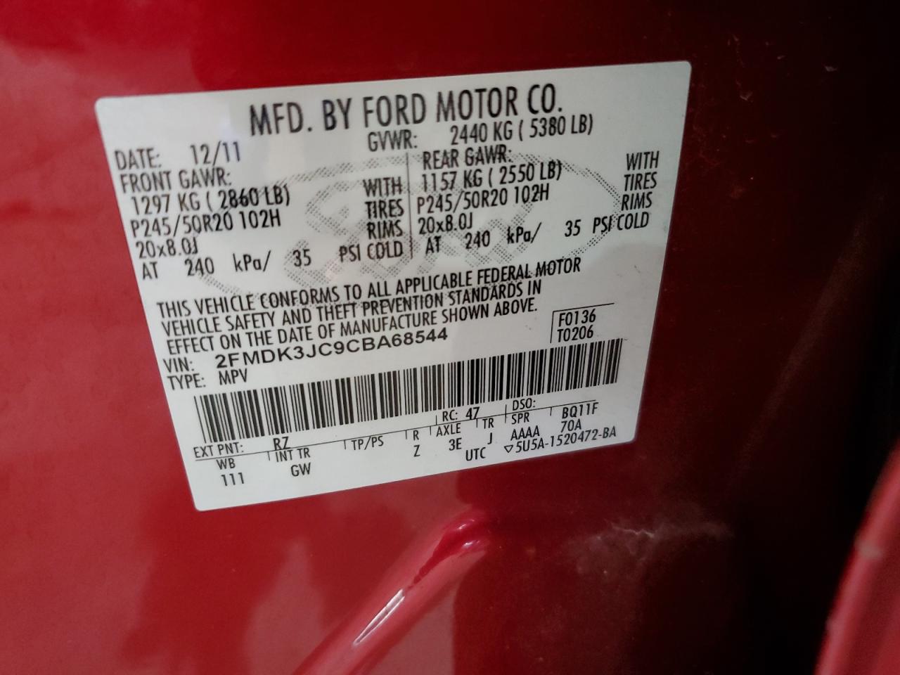 2012 Ford Edge VIN 2FMDK3JC9CBA68544 Copart auction photo, front end damage thumbnail 13
