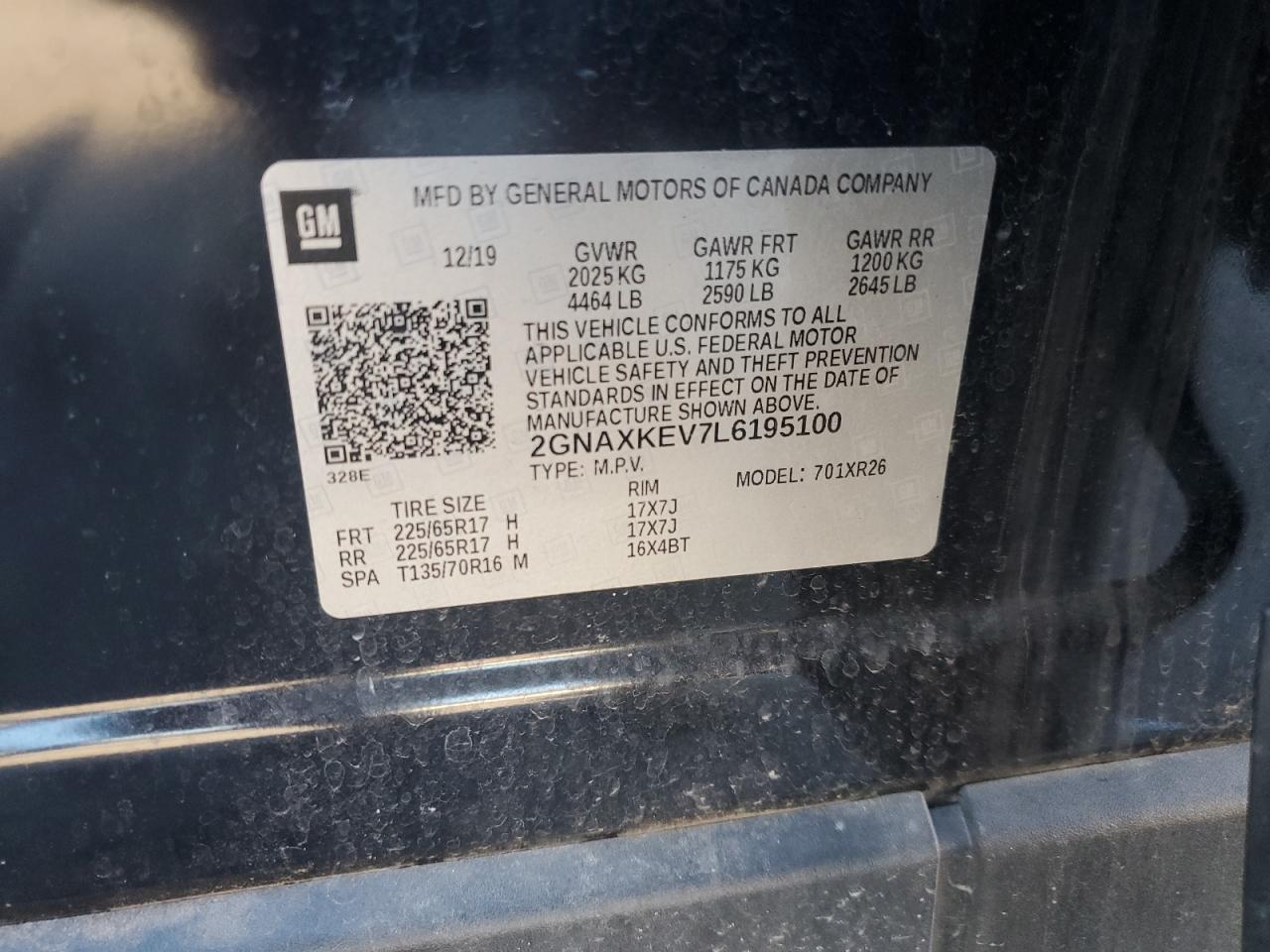 2020 Chevrolet Equinox VIN 2GNAXKEV7L6195100 Copart auction photo, hail damage thumbnail 13