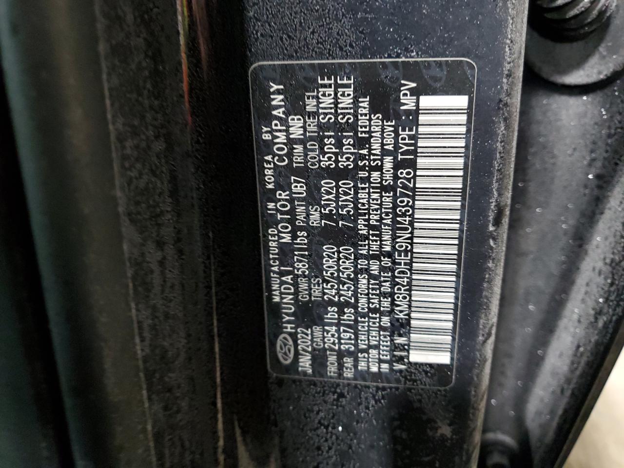 2022 Hyundai Palisade VIN KM8R4DHE9NU439728 Copart auction photo, front end damage thumbnail 14