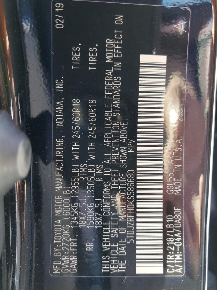 2019 Toyota Highlander VIN 5TDJZRFH0KS586680 Copart auction photo, front end / side damage thumbnail 14