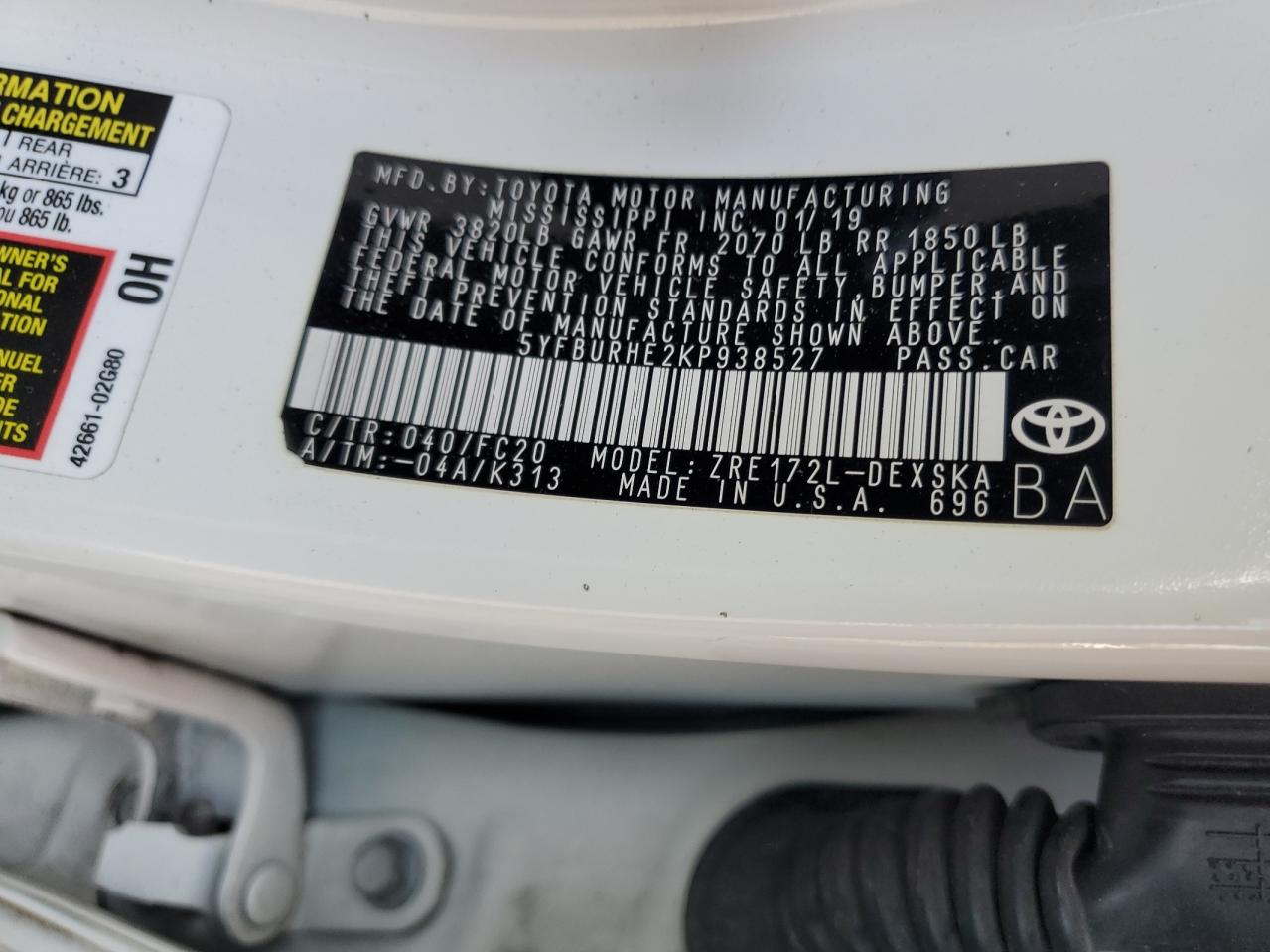 2019 Toyota Corolla VIN 5YFBURHE2KP938527 Copart auction photo, front end damage thumbnail 14