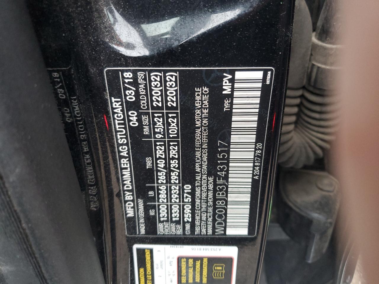 2018 Mercedes-Benz GLC VIN WDC0J8JB3JF431517 Copart auction photo, front end / rear end damage thumbnail 14