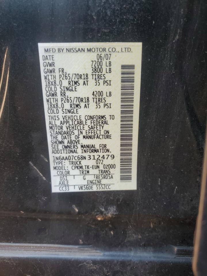 2008 Nissan Titan VIN 1N6AA07C68N312479 Copart auction photo, rear end damage thumbnail 12