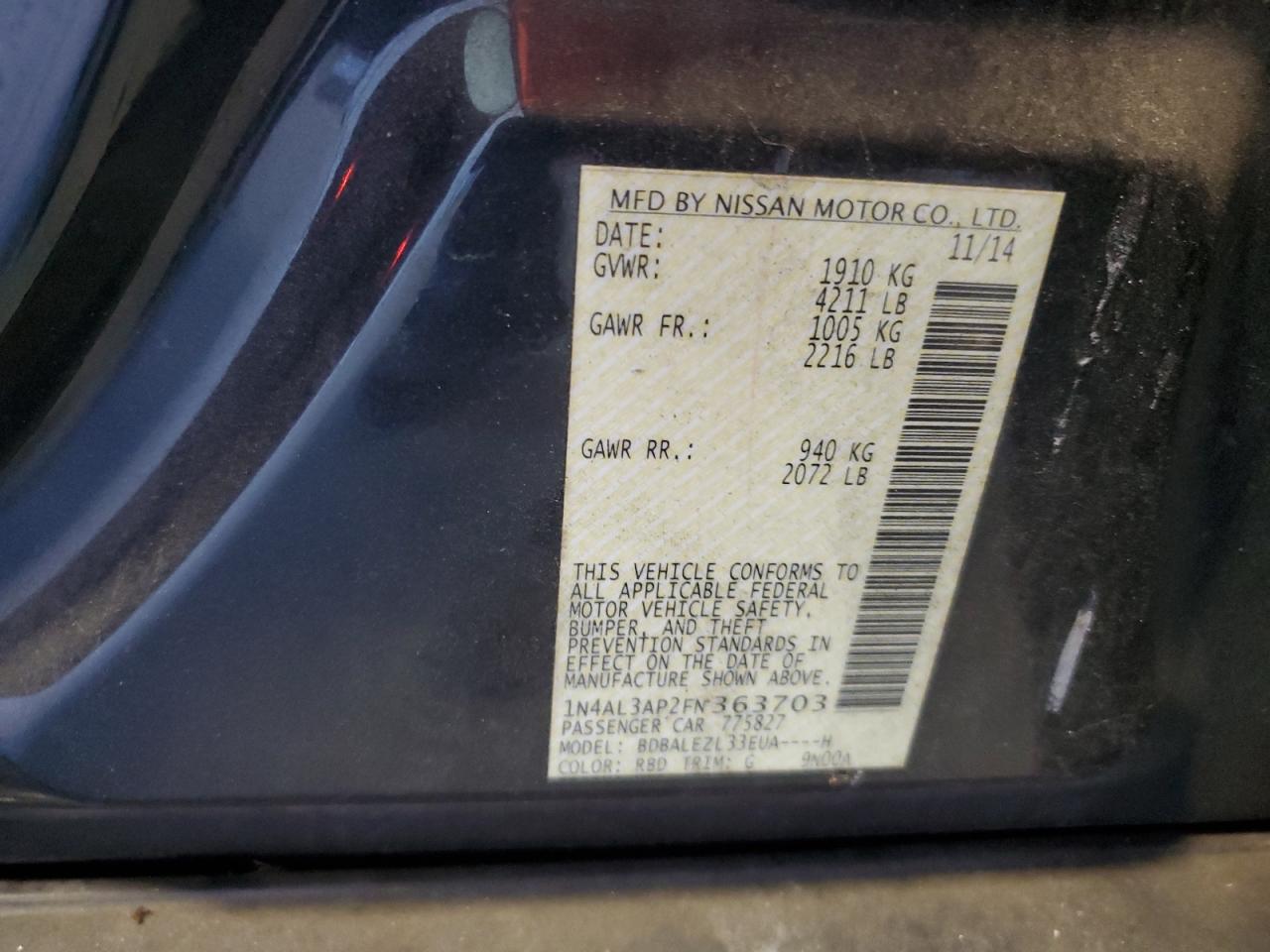 2015 Nissan Altima VIN 1N4AL3AP2FN363703 Copart auction photo, front end damage thumbnail 12