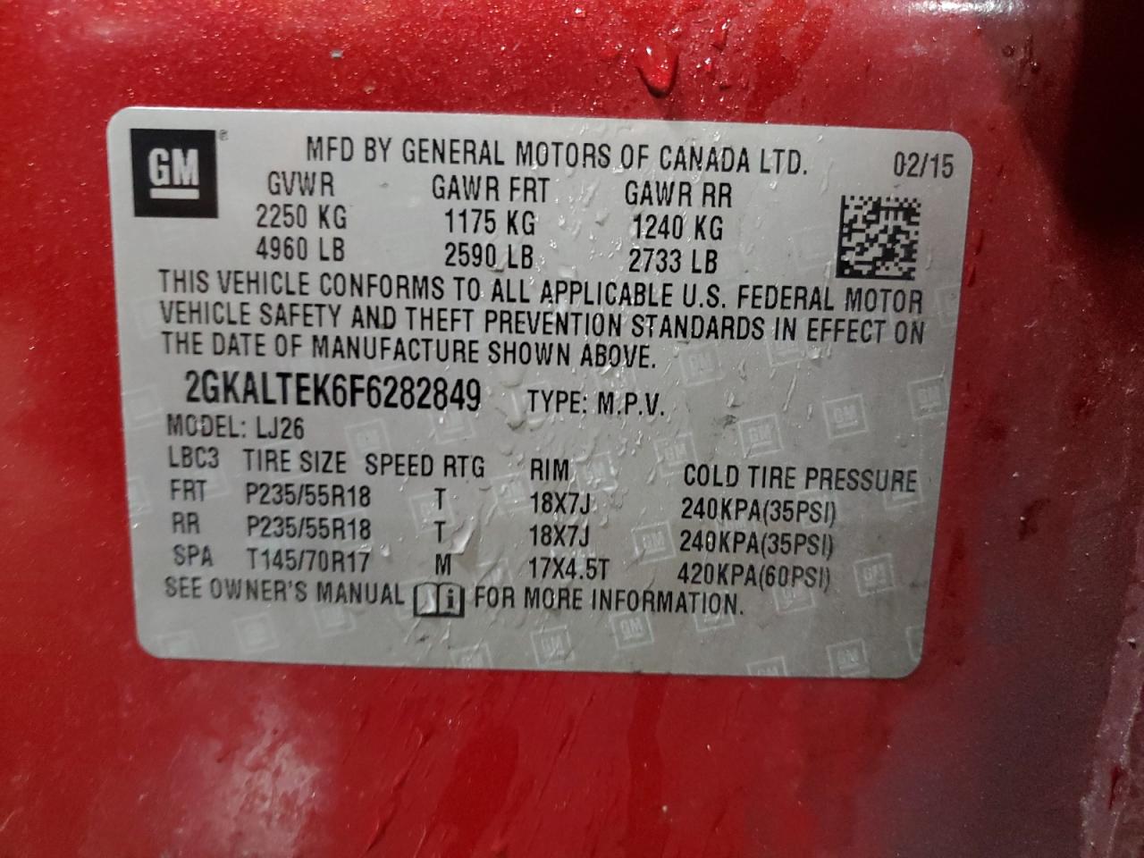 2015 GMC Terrain VIN 2GKALTEK6F6282849 Copart auction photo, front end damage thumbnail 13