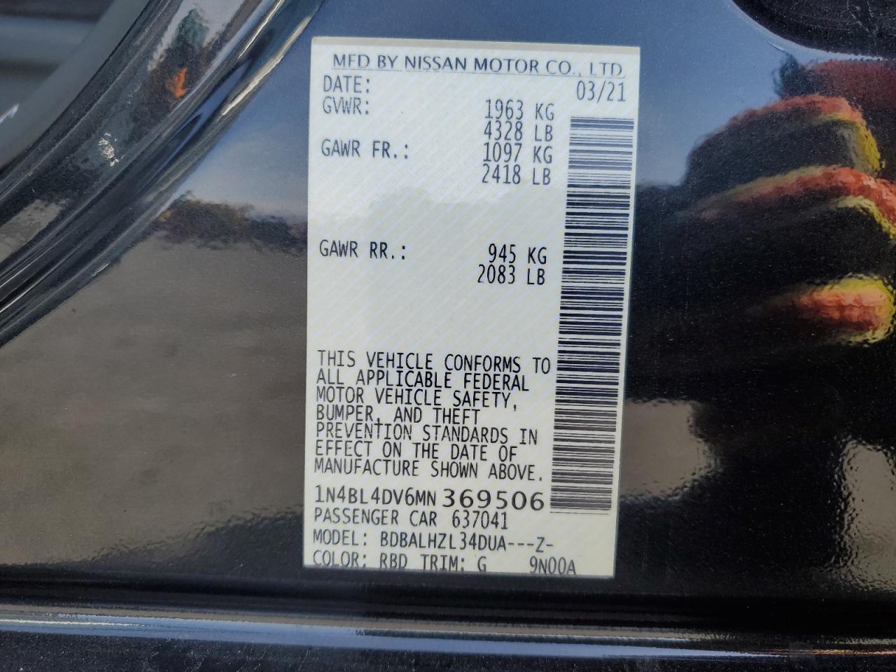 2021 Nissan Altima VIN 1N4BL4DV6MN369506 Copart auction photo, undercarriage damage thumbnail 14