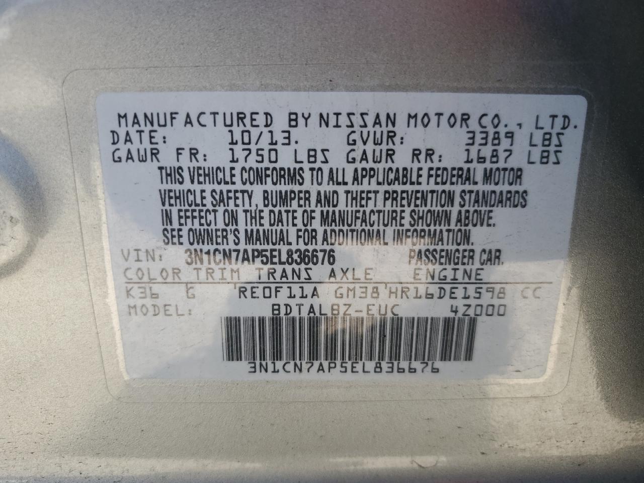 2014 Nissan Versa VIN 3N1CN7AP5EL836676 Copart auction photo, side damage thumbnail 14