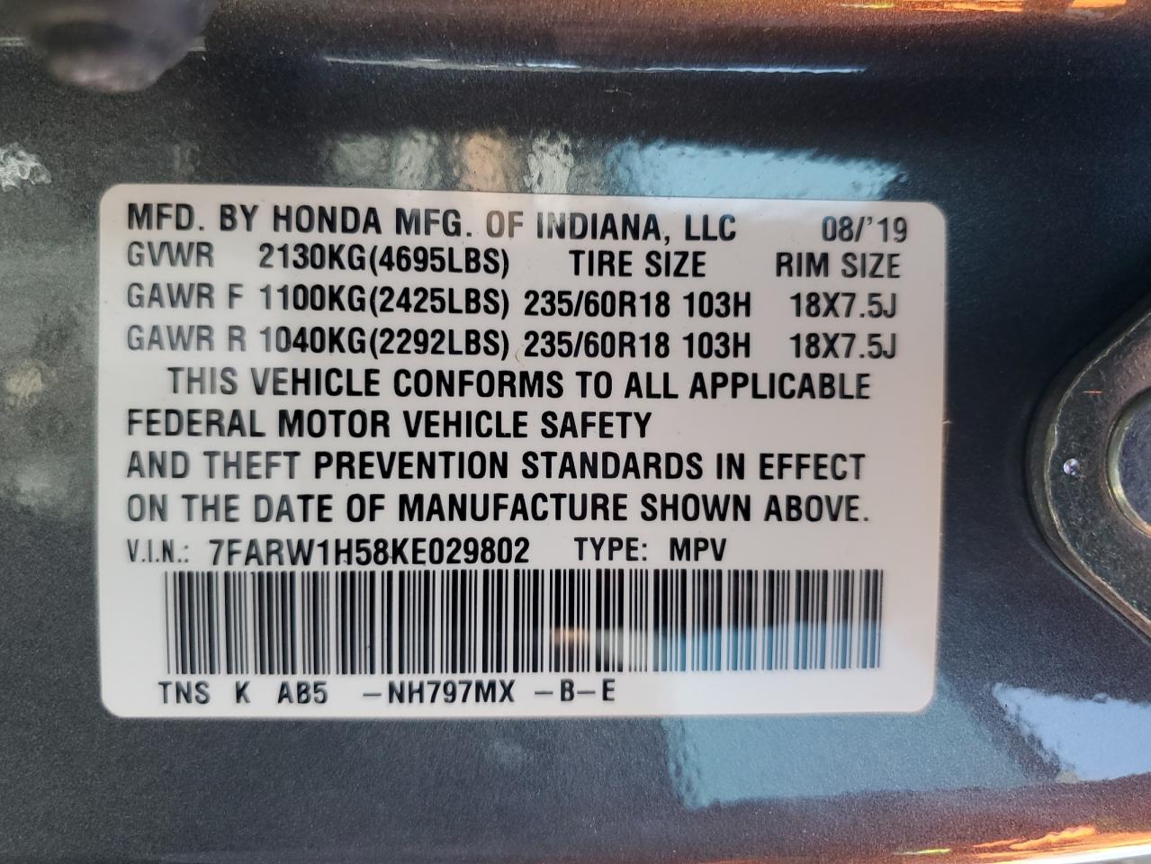 2019 Honda CR-V VIN 7FARW1H58KE029802 Copart auction photo, side damage thumbnail 13