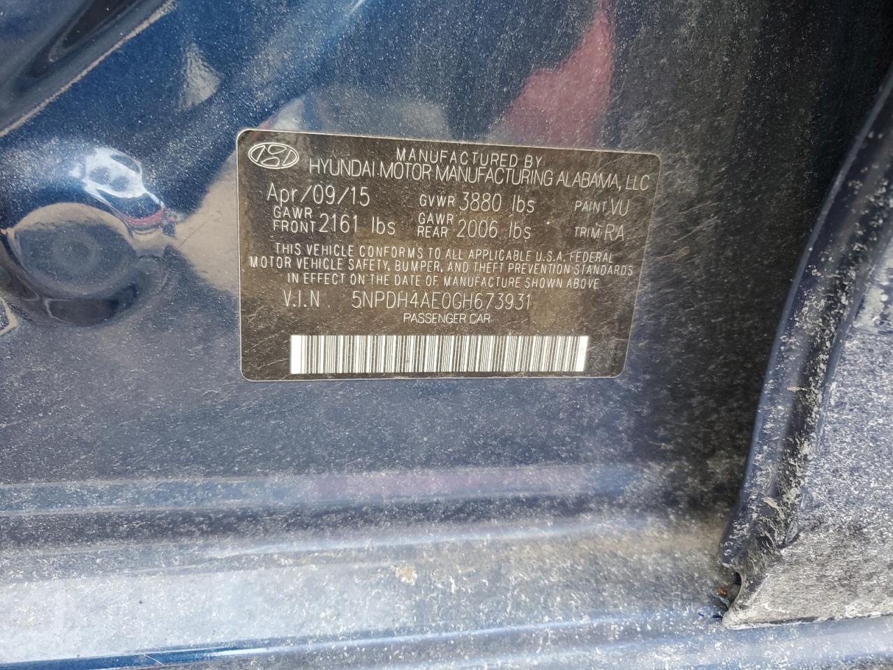 2016 Hyundai Elantra VIN 5NPDH4AE0GH673931 Copart auction photo, front end / side damage thumbnail 14