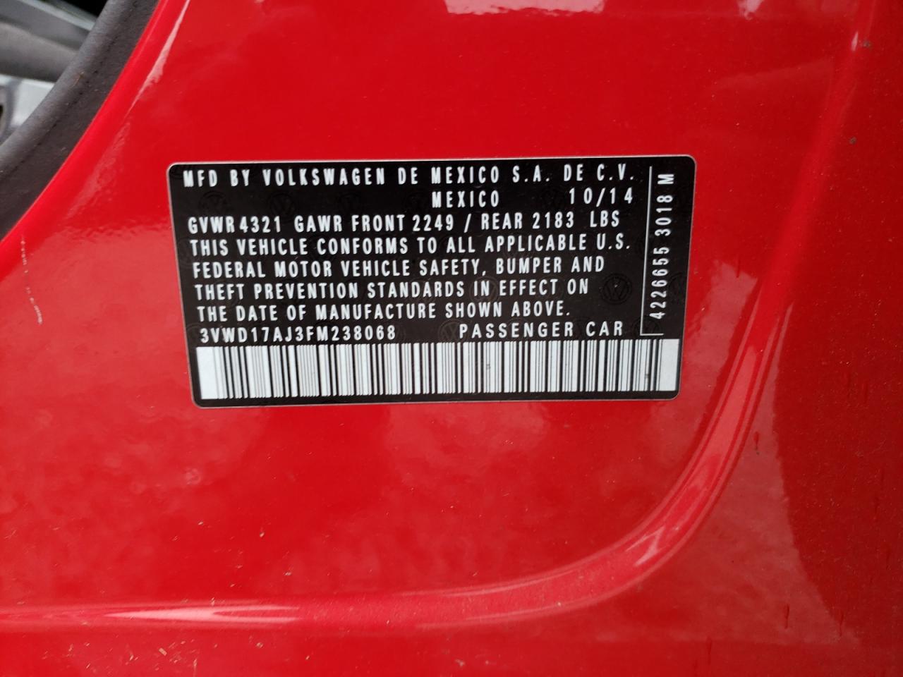 2015 Volkswagen Jetta VIN 3VWD17AJ3FM238068 Copart auction photo, rear end damage thumbnail 12