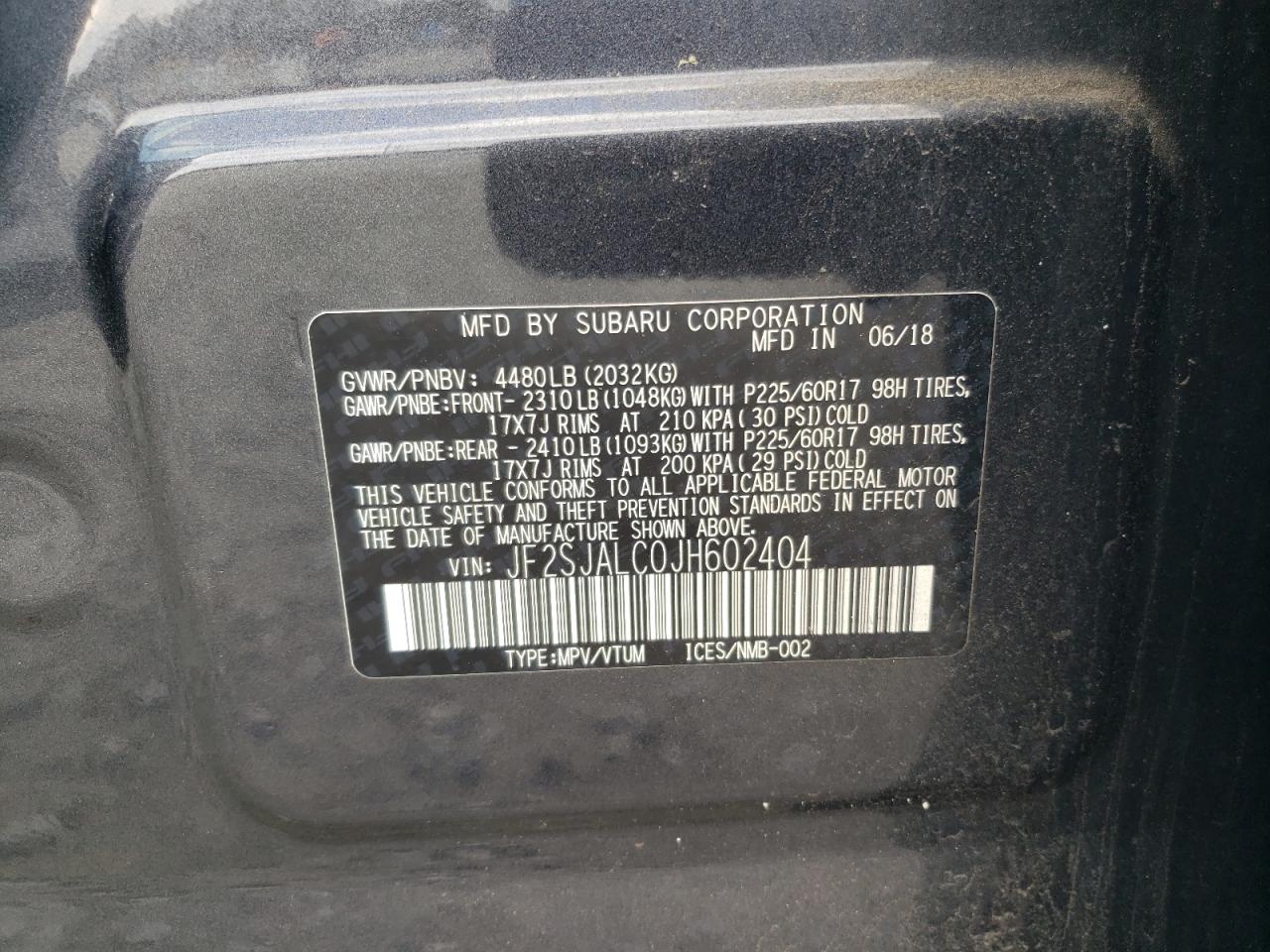 2018 Subaru Forester VIN JF2SJALC0JH602404 Copart auction photo, front end / side damage thumbnail 13