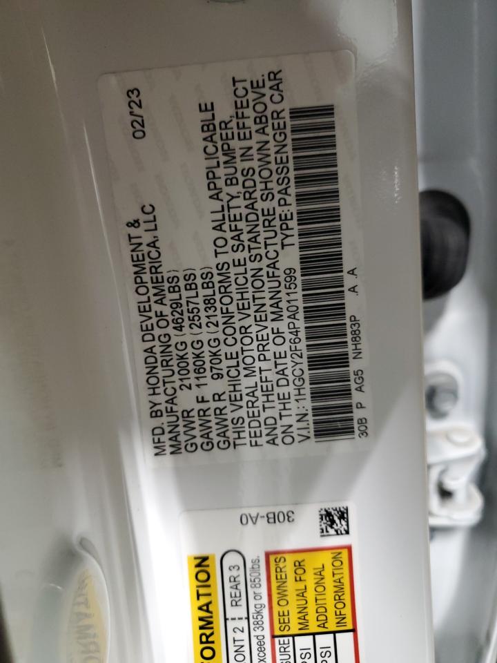2023 Honda Accord VIN 1HGCY2F64PA011599 Copart auction photo, front end / side damage thumbnail 13