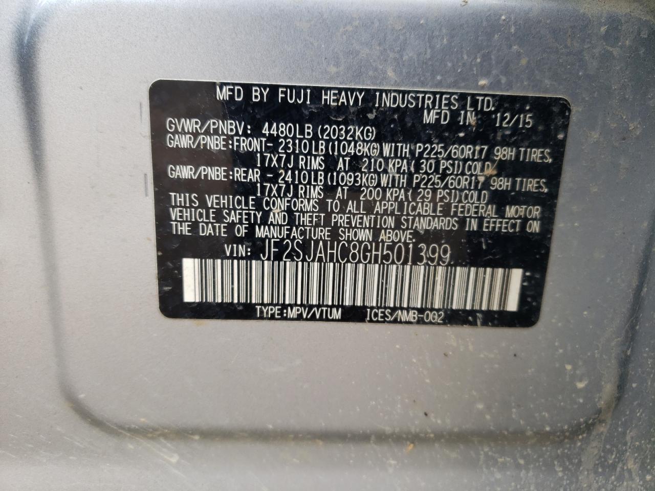 2016 Subaru Forester VIN JF2SJAHC8GH501399 Copart auction photo, all over damage thumbnail 13