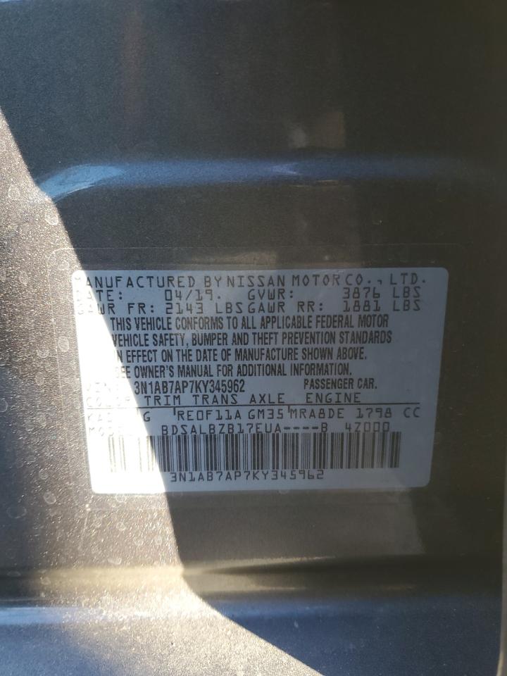 2019 Nissan Sentra VIN 3N1AB7AP7KY345962 Copart auction photo, front end / rear end damage thumbnail 14