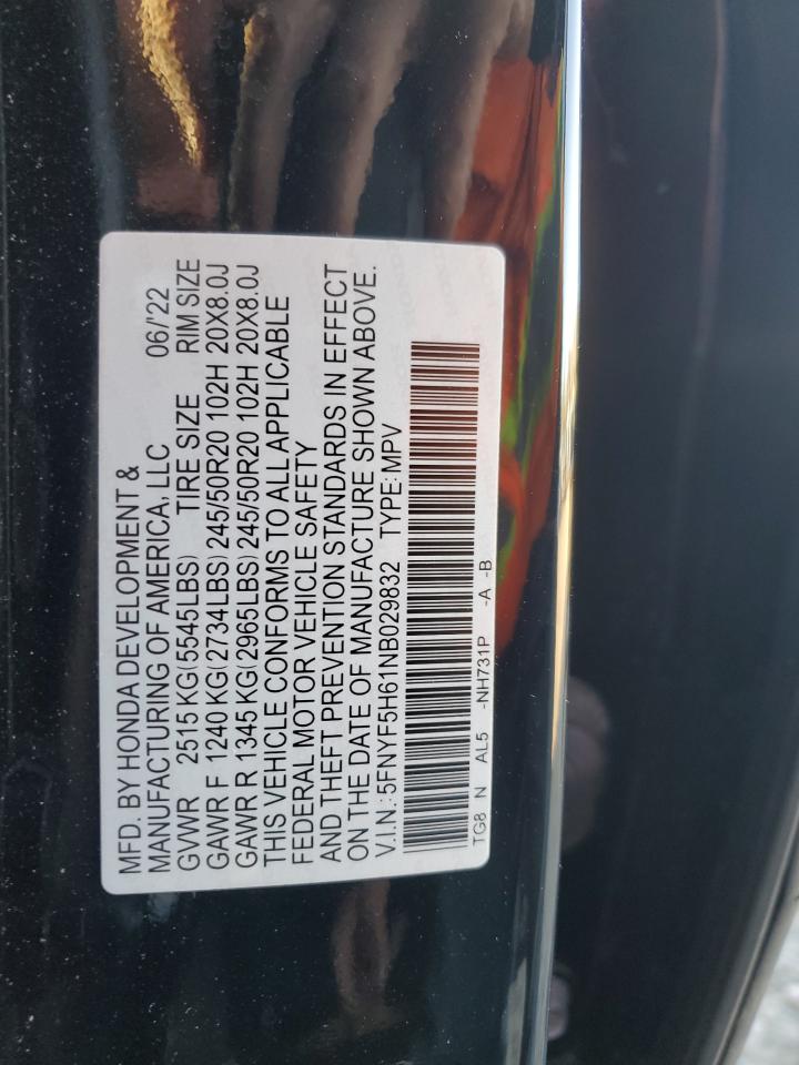2022 Honda Pilot VIN 5FNYF5H61NB029832 Copart auction photo, side damage thumbnail 16