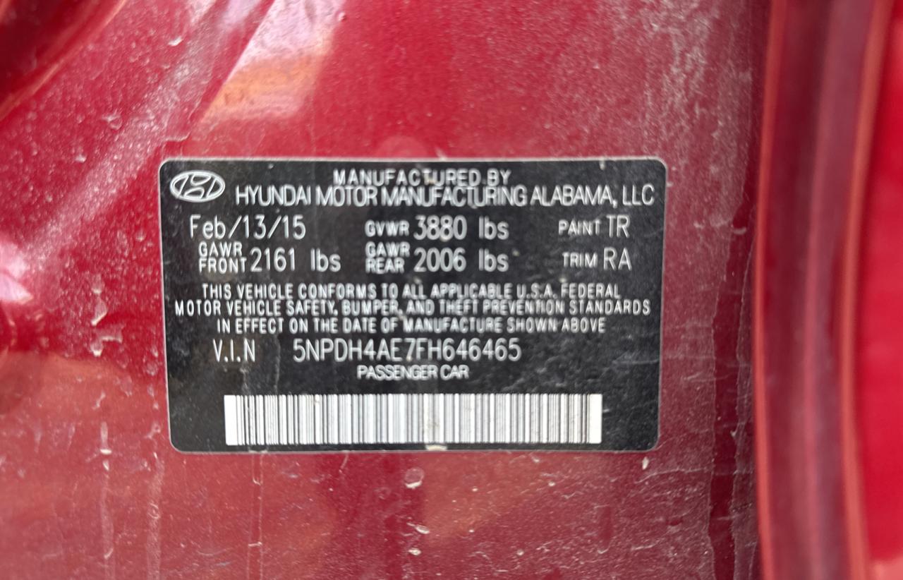 2015 Hyundai Elantra VIN 5NPDH4AE7FH646465 Copart auction photo, hail / mechanical damage thumbnail 10