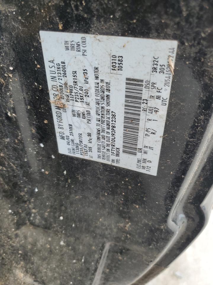 2003 Ford Ranger VIN 1FTYR10U93PB12387 Copart auction photo, front end / rear end damage thumbnail 12