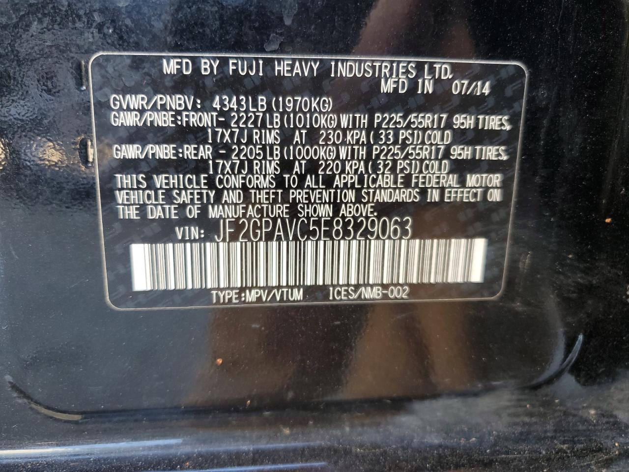 2014 Subaru XV VIN JF2GPAVC5E8329063 Copart auction photo, front end / side damage thumbnail 14