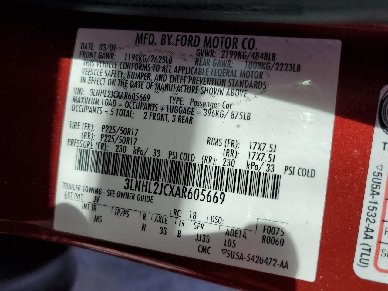 2010 Lincoln MKZ VIN 3LNHL2JCXAR605669 Copart auction photo, side damage thumbnail 12