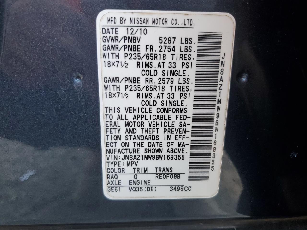 2011 Nissan Murano VIN JN8AZ1MW9BW169355 Copart auction photo, front end / minor dent/scratches damage thumbnail 12