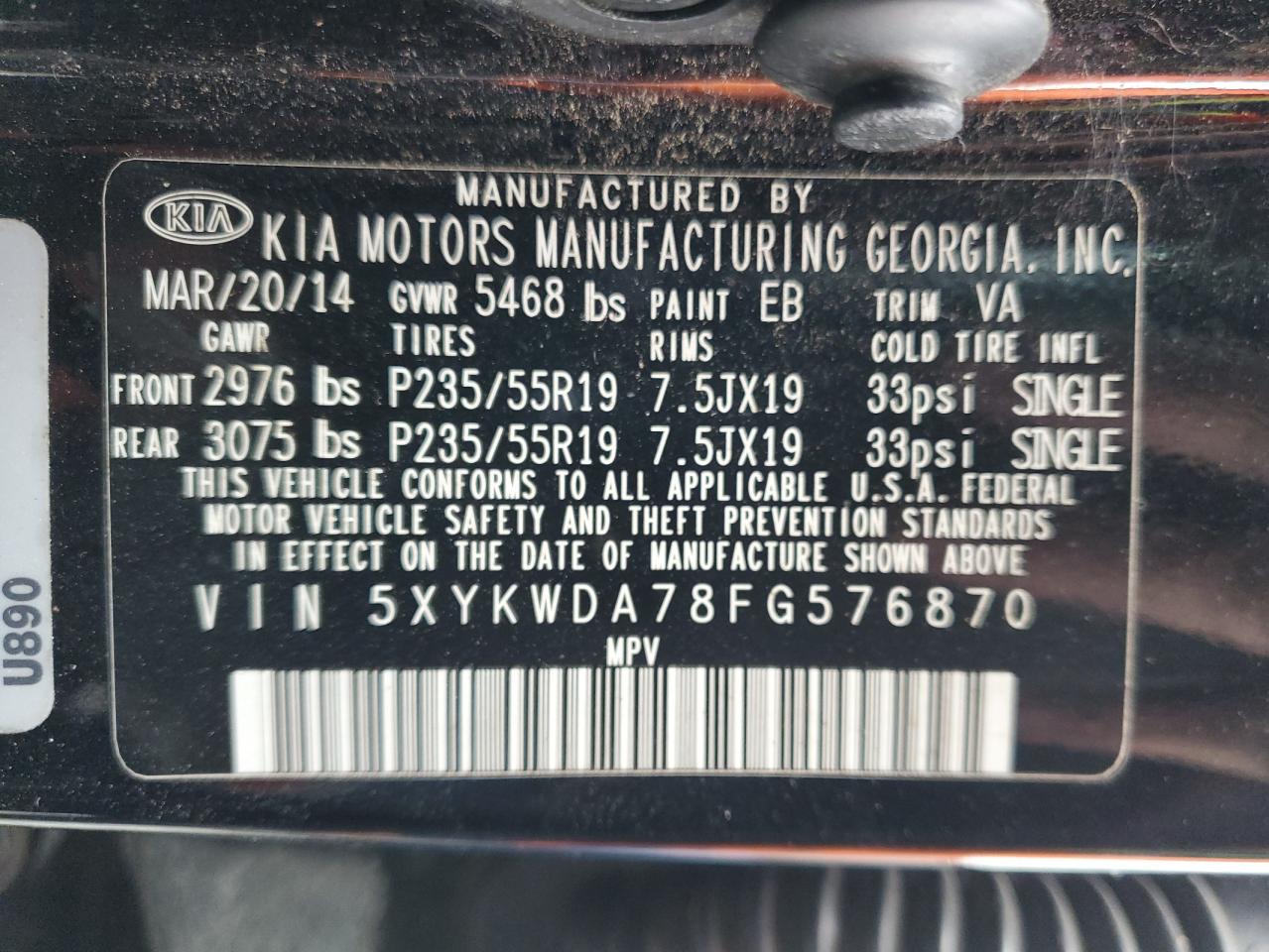 2015 KIA Sorento VIN 5XYKWDA78FG576870 Copart auction photo, rear end damage thumbnail 13