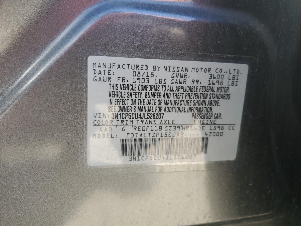 2018 Nissan Kicks VIN 3N1CP5CU4JL526207 Copart auction photo, side / hail damage thumbnail 13
