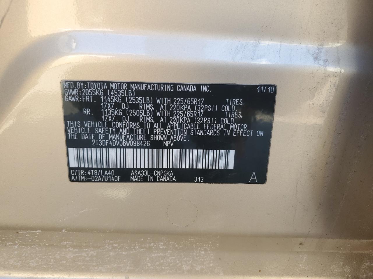 2011 Toyota RAV 4 VIN 2T3DF4DV0BW098426 Copart auction photo, front end / side damage thumbnail 16