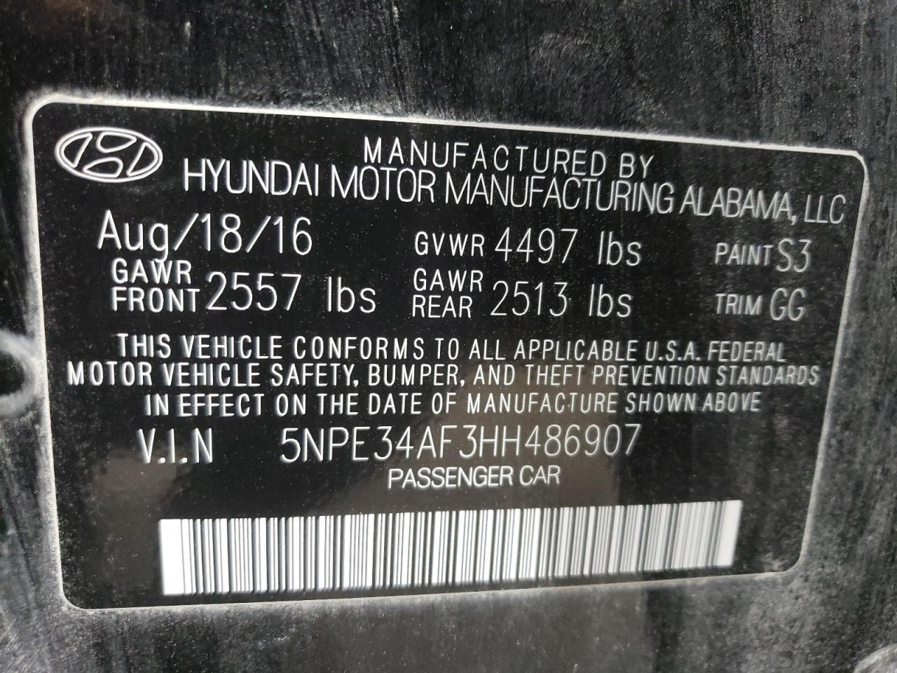 2017 Hyundai Sonata VIN 5NPE34AF3HH486907 Copart auction photo, rear end / side damage thumbnail 13