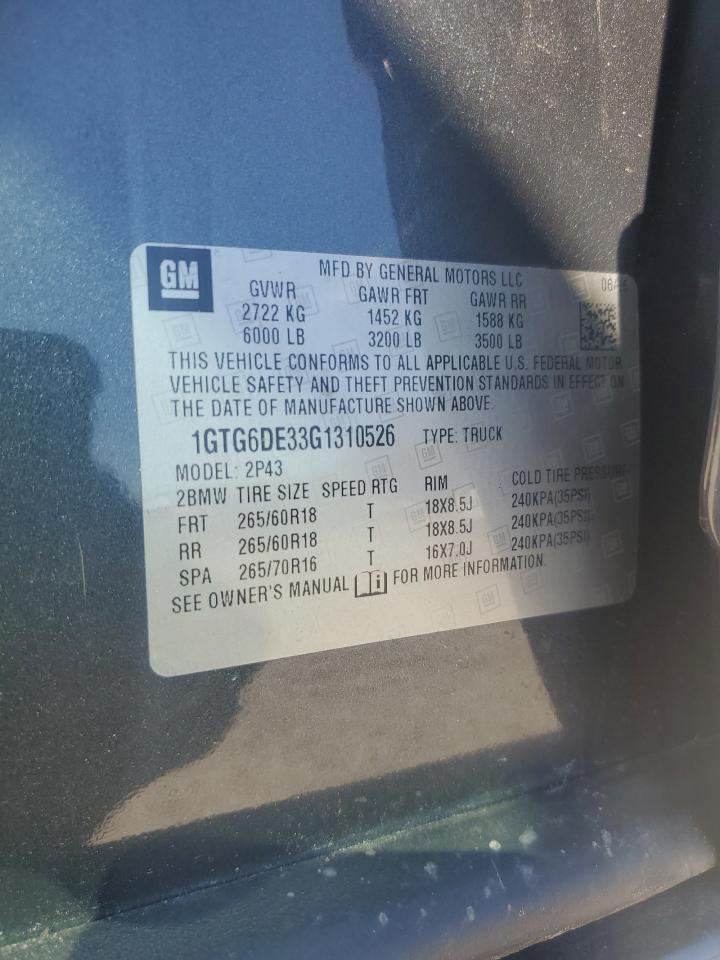 2016 GMC Canyon VIN 1GTG6DE33G1310526 Copart auction photo, front end damage thumbnail 13