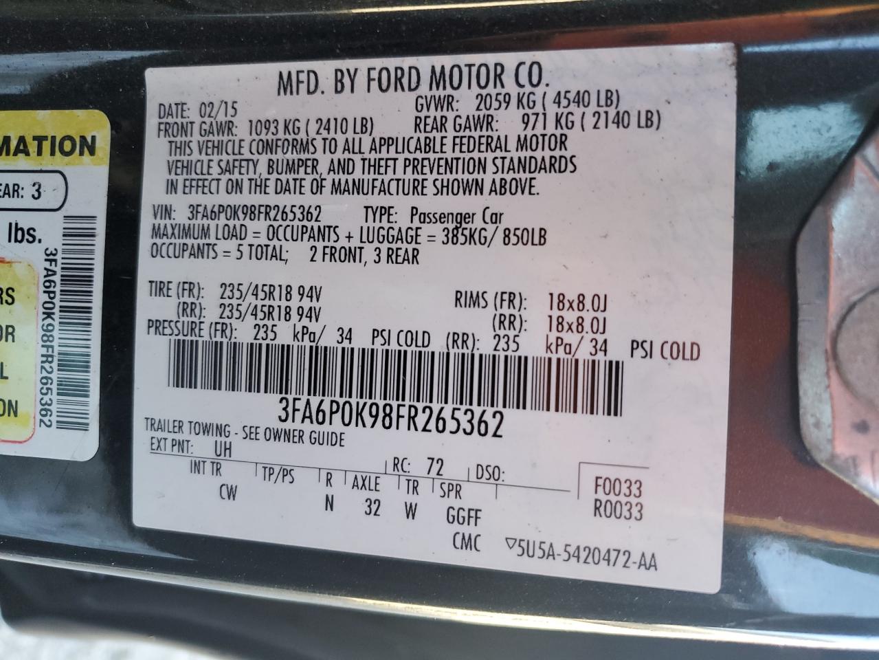 2015 Ford Fusion VIN 3FA6P0K98FR265362 Copart auction photo, rear end damage thumbnail 13