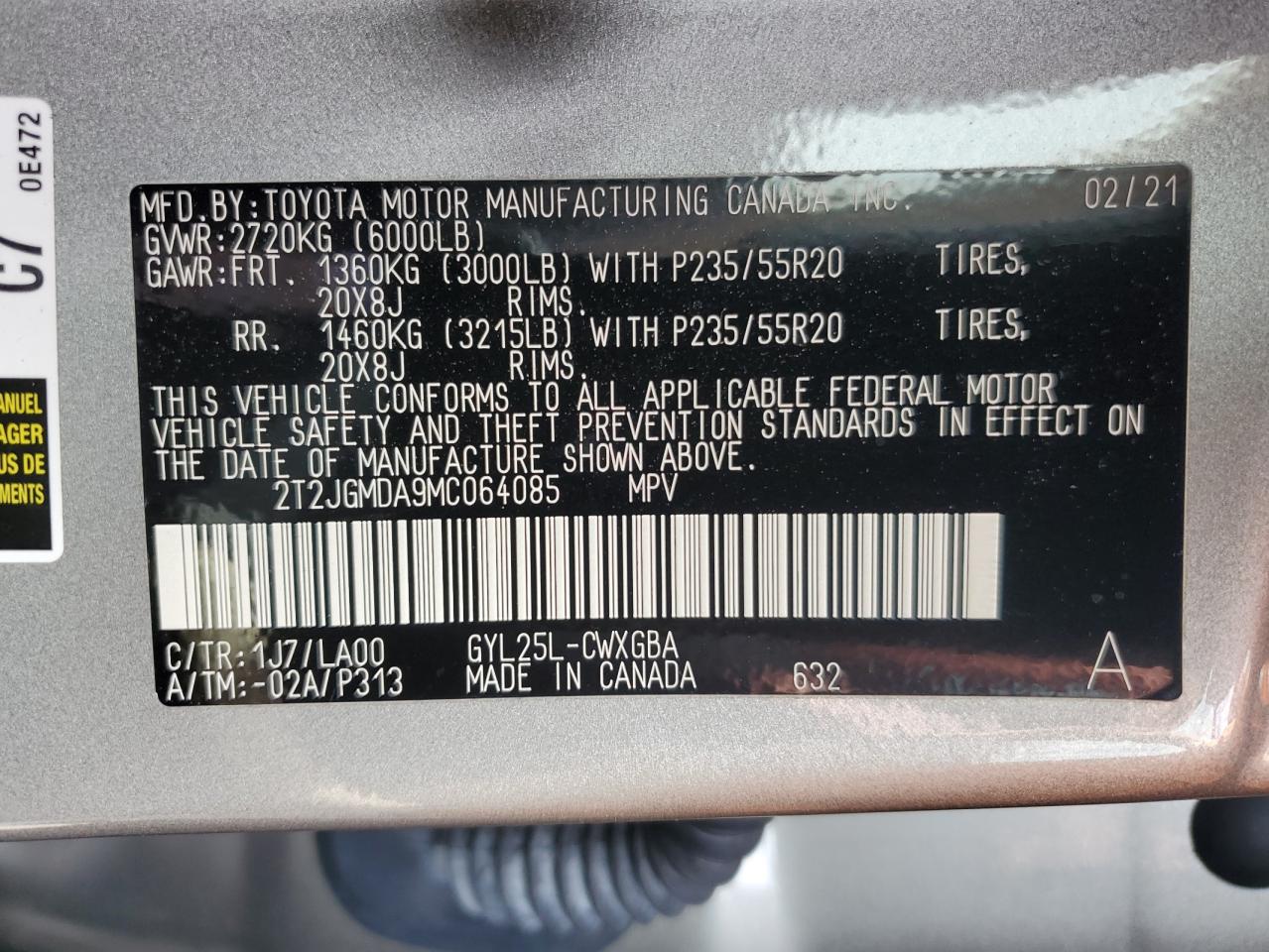 2021 Lexus RX VIN 2T2JGMDA9MC064085 Copart auction photo, side / front end damage thumbnail 14