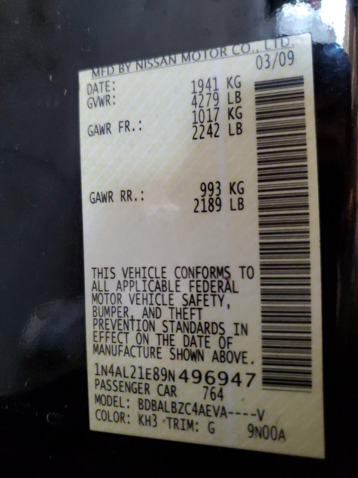 2009 Nissan Altima VIN 1N4AL21E89N496947 Copart auction photo, front end / minor dent/scratches damage thumbnail 14