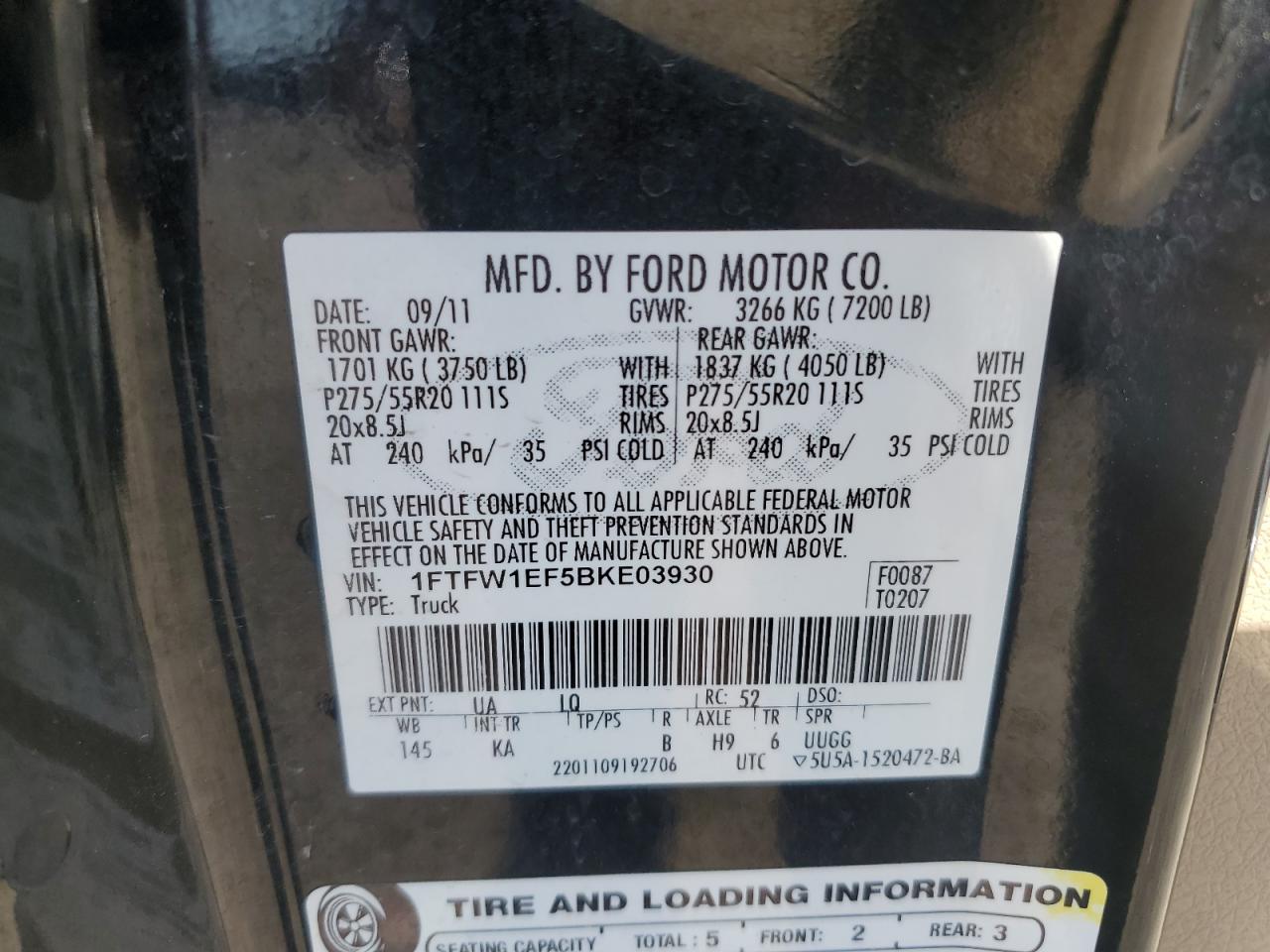 2011 Ford F-150 VIN 1FTFW1EF5BKE03930 Copart auction photo, side damage thumbnail 12