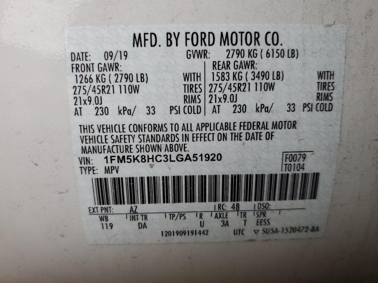 2020 Ford Explorer VIN 1FM5K8HC3LGA51920 Copart auction photo, front end / mechanical damage thumbnail 14