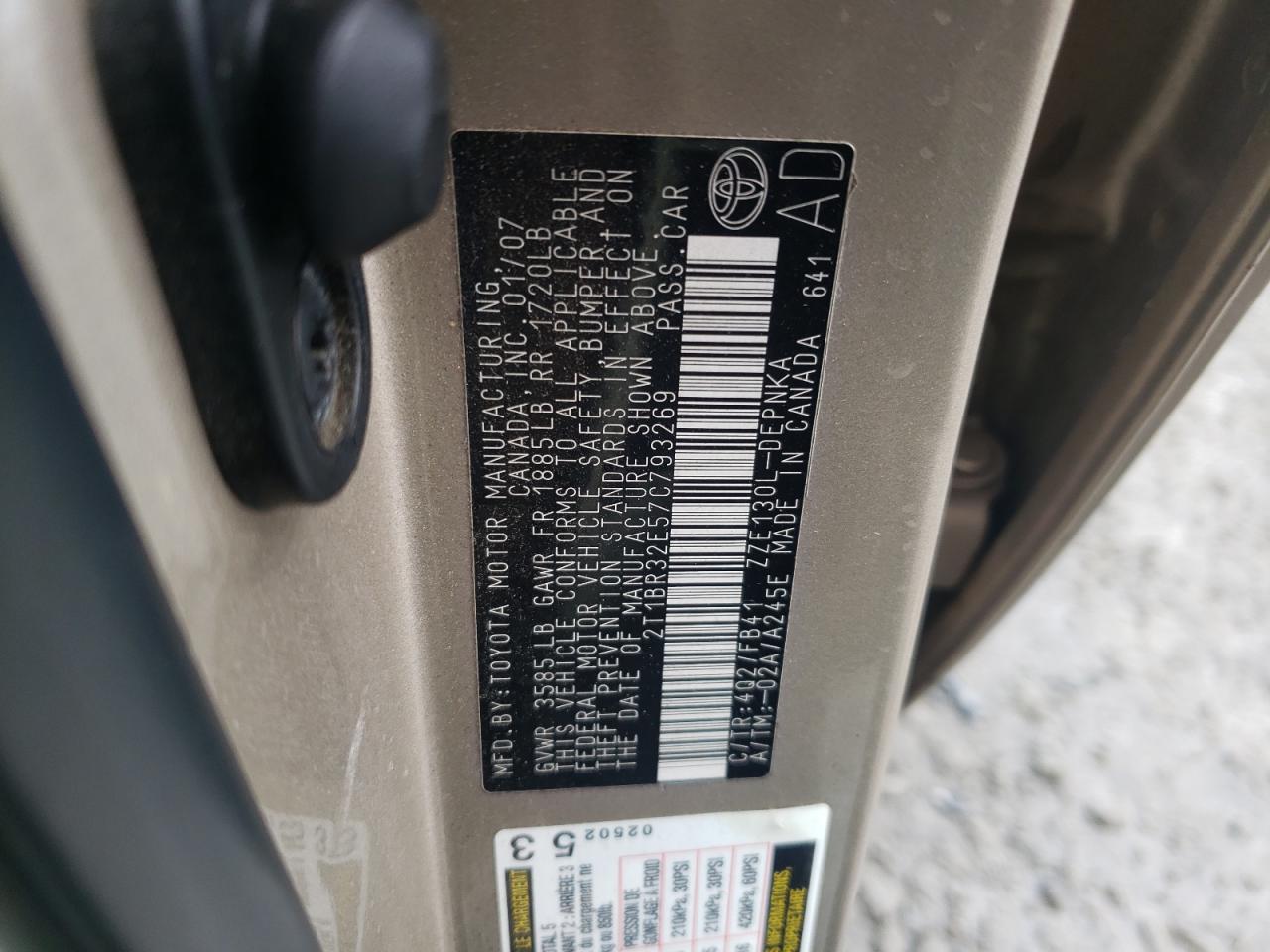 2007 Toyota Corolla VIN 2T1BR32E57C793269 Copart auction photo, rear end / minor dent/scratches damage thumbnail 13