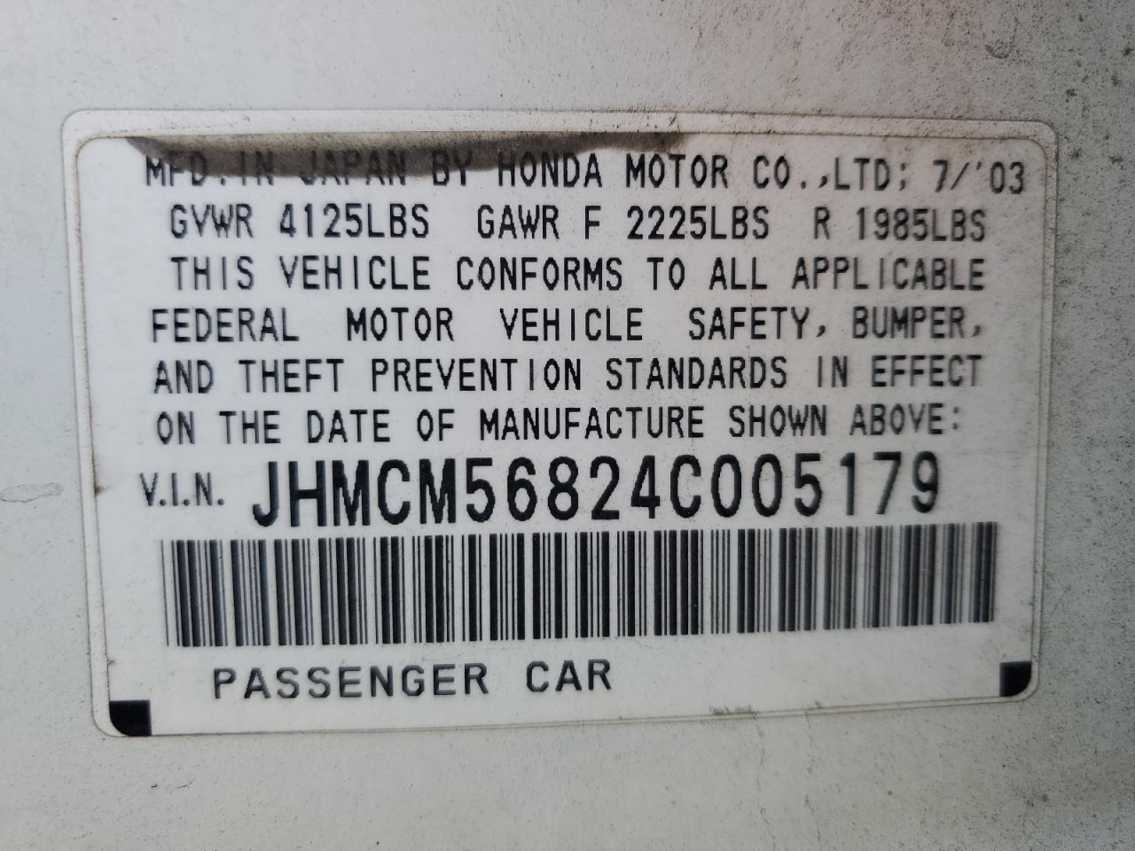 2004 Honda Accord VIN JHMCM56824C005179 Copart auction photo, rear end damage thumbnail 12