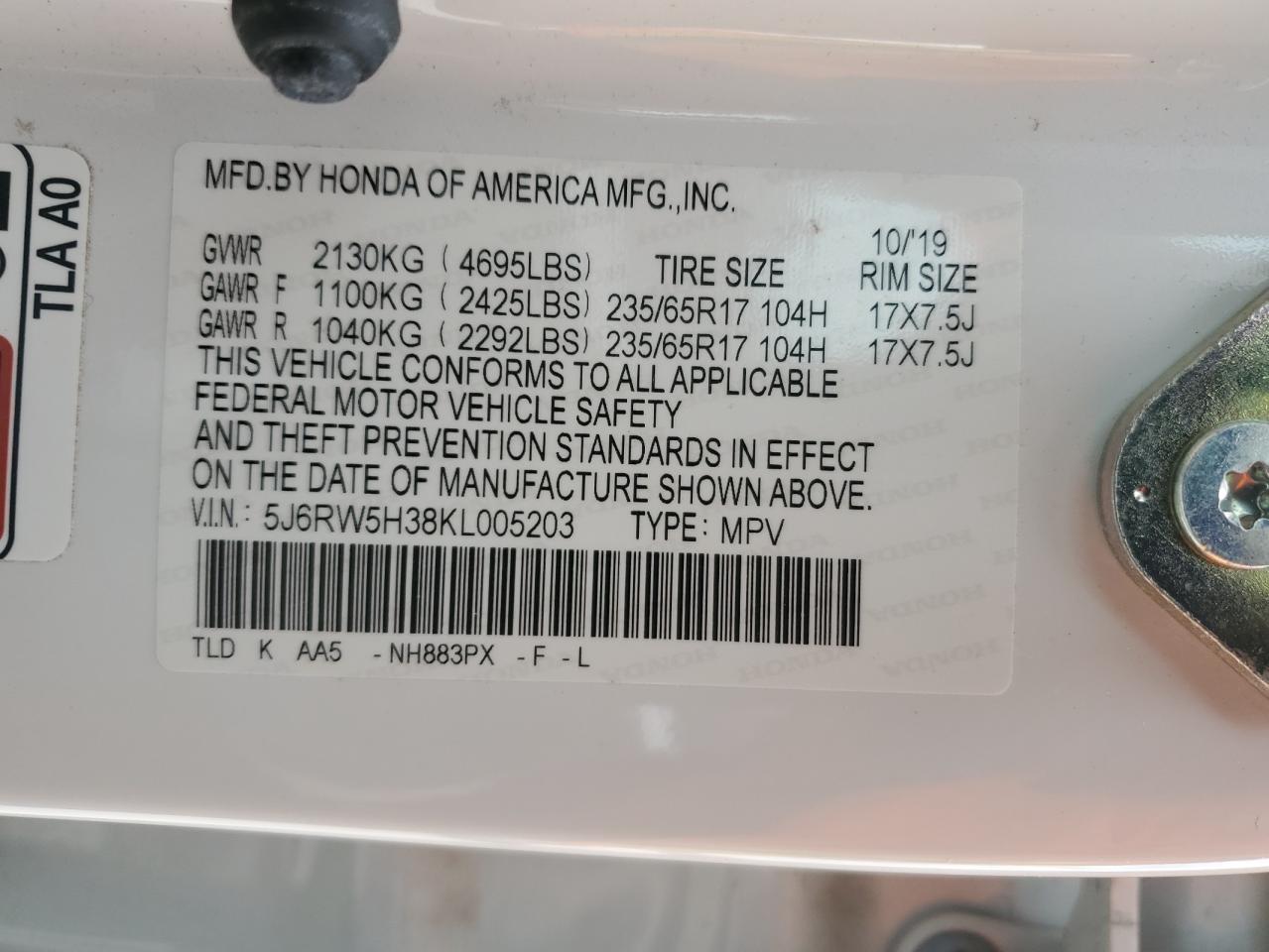 2019 Honda CR-V VIN 5J6RW5H38KL005203 Copart auction photo, all over damage thumbnail 12