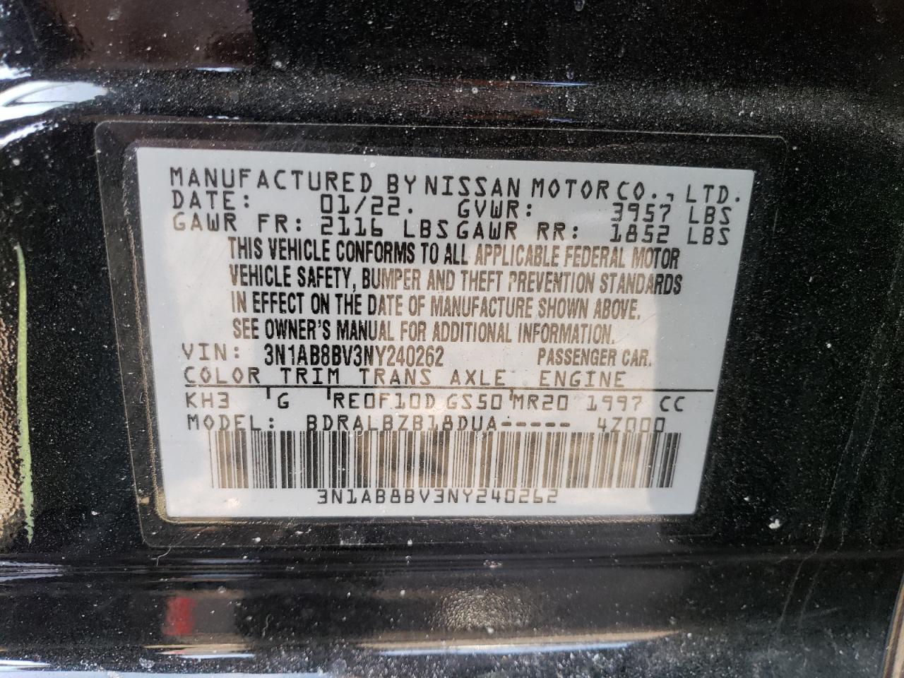 2022 Nissan Sentra VIN 3N1AB8BV3NY240262 Copart auction photo, rear end damage thumbnail 13