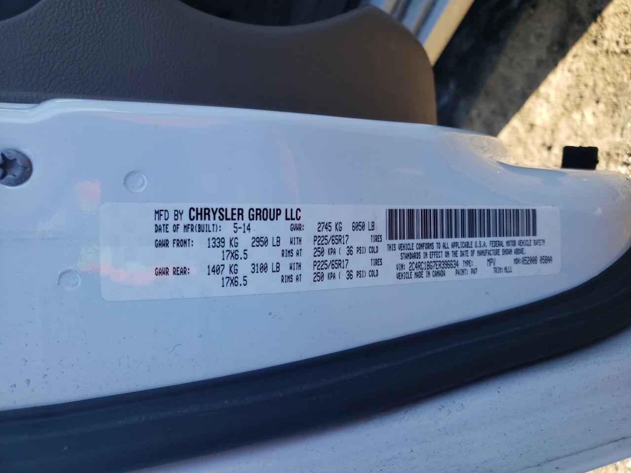 2014 Chrysler Town & Country VIN 2C4RC1BG7ER396634 Copart auction photo, rear end / side damage thumbnail 13