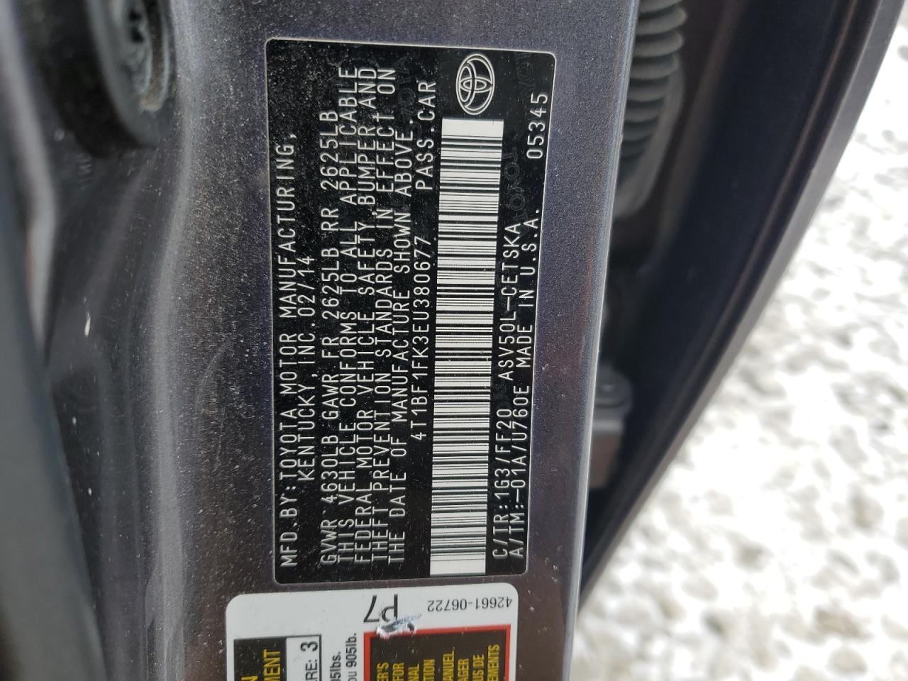 2014 Toyota Camry VIN 4T1BF1FK3EU380677 Copart auction photo, side / rear end damage thumbnail 12
