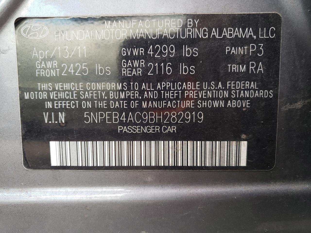 2011 Hyundai Sonata VIN 5NPEB4AC9BH282919 Copart auction photo, side / minor dent/scratches damage thumbnail 12