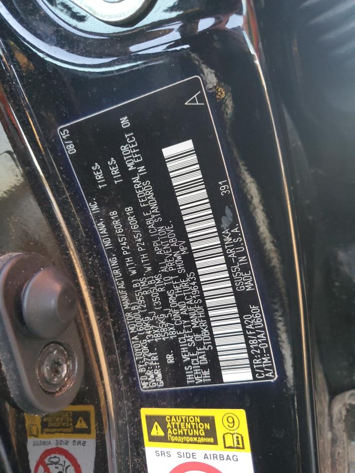 2015 Toyota Highlander VIN 5TDBKRFH0FS196435 Copart auction photo, front end / rear end damage thumbnail 14