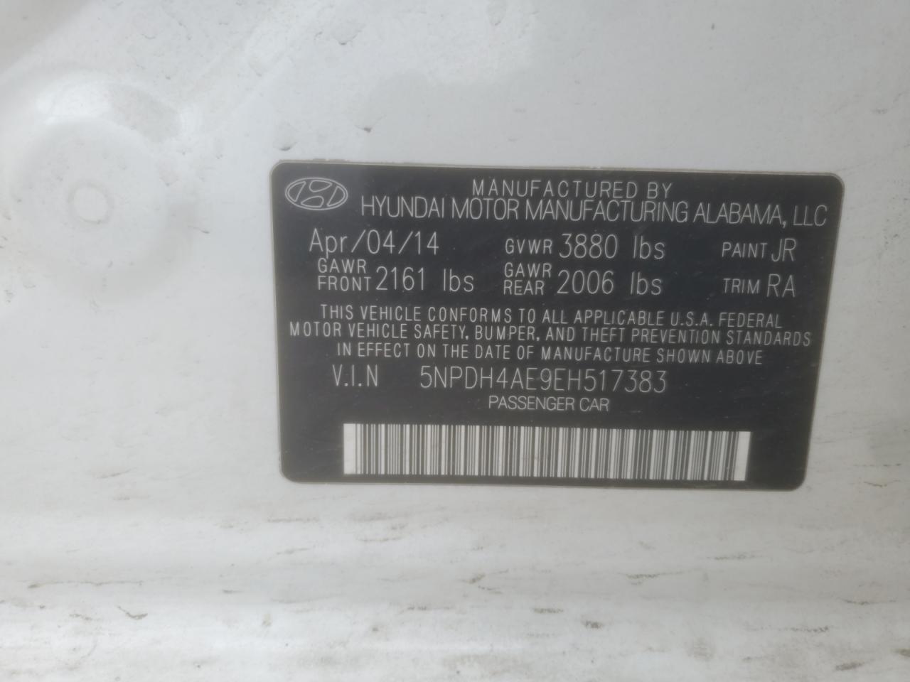 2014 Hyundai Elantra VIN 5NPDH4AE9EH517383 Copart auction photo, front end damage thumbnail 15