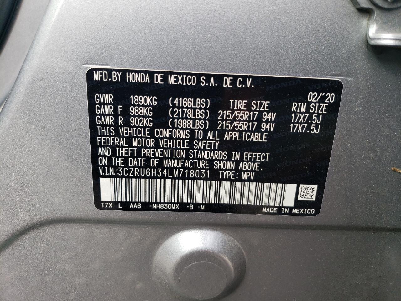 2020 Honda HR-V VIN 3CZRU6H34LM718031 Copart auction photo, rear end / side damage thumbnail 14