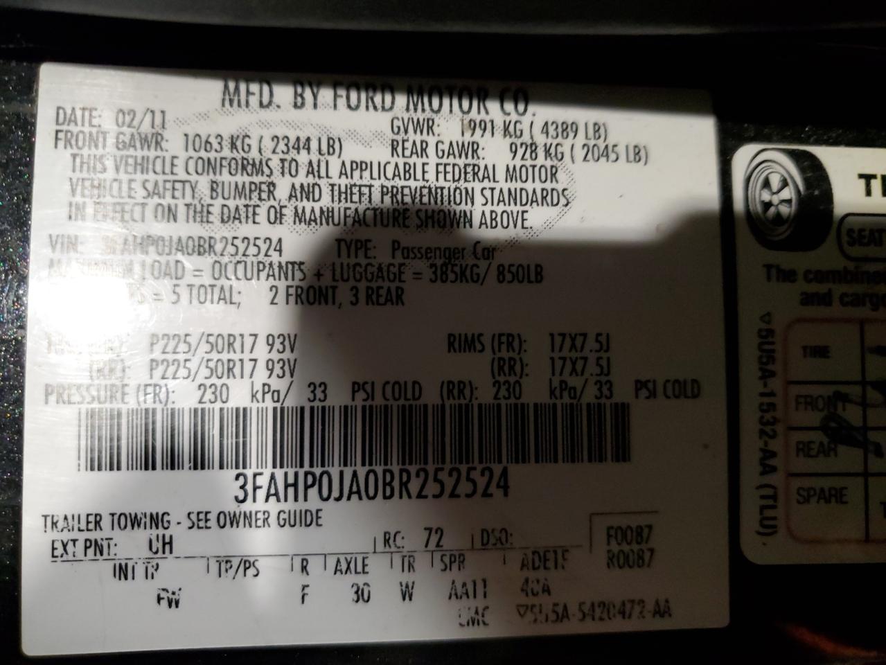 2011 Ford Fusion VIN 3FAHP0JA0BR252524 Copart auction photo, front end / minor dent/scratches damage thumbnail 12