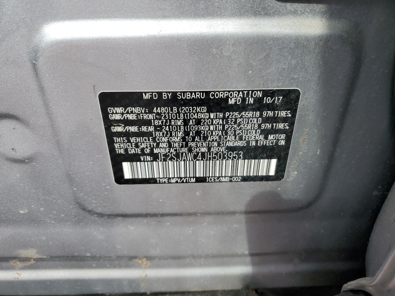 2018 Subaru Forester VIN JF2SJAWC4JH503953 Copart auction photo, rear end damage thumbnail 13
