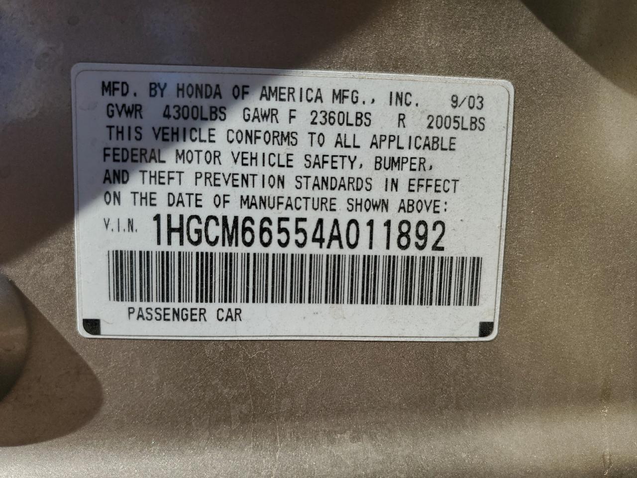2004 Honda Accord VIN 1HGCM66554A011892 Copart auction photo, side damage thumbnail 12