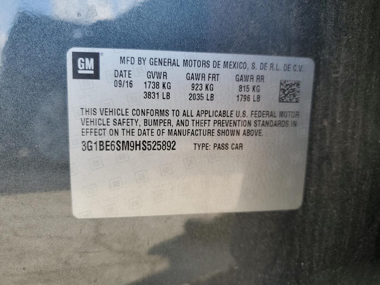 2017 Chevrolet Cruze VIN 3G1BE6SM9HS525892 Copart auction photo, rear end / minor dent/scratches damage thumbnail 14