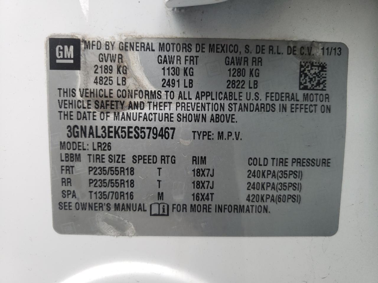 2014 Chevrolet Captiva VIN 3GNAL3EK5ES579467 Copart auction photo, all over damage thumbnail 10