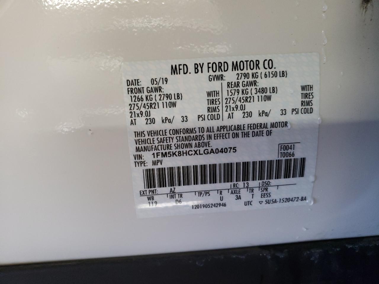 2020 Ford Explorer VIN 1FM5K8HCXLGA04075 Copart auction photo, side / rear end damage thumbnail 13